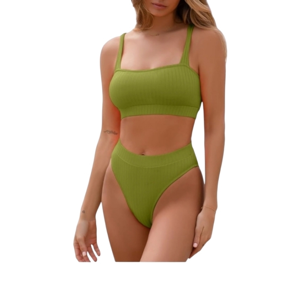 Green Ribbed Two-Piece Swimsuit Size M, New In Bag